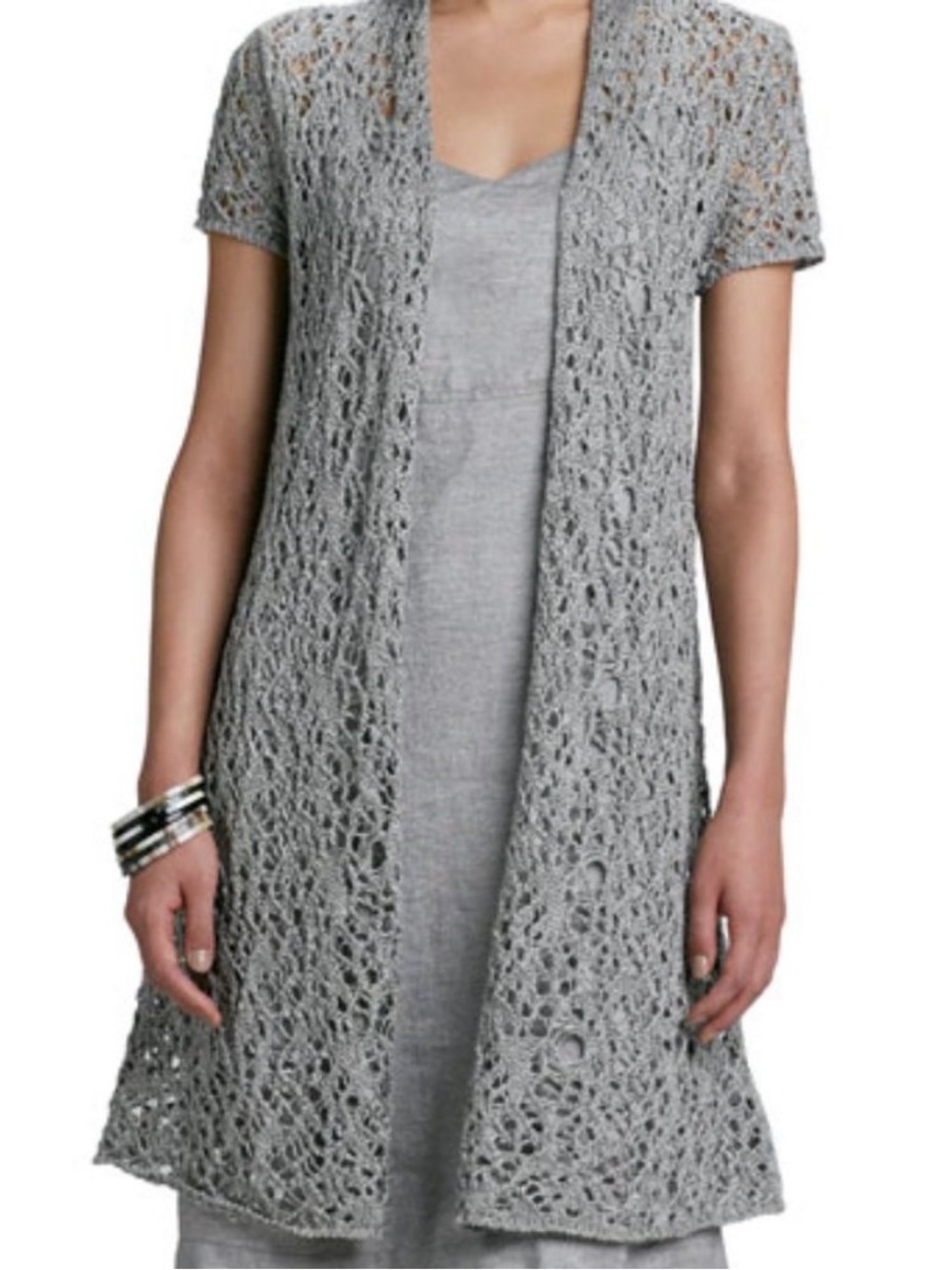 Eileen Fisher Lace Luster Open Front Open Knit Cardigan Gray Size XS/S Petite